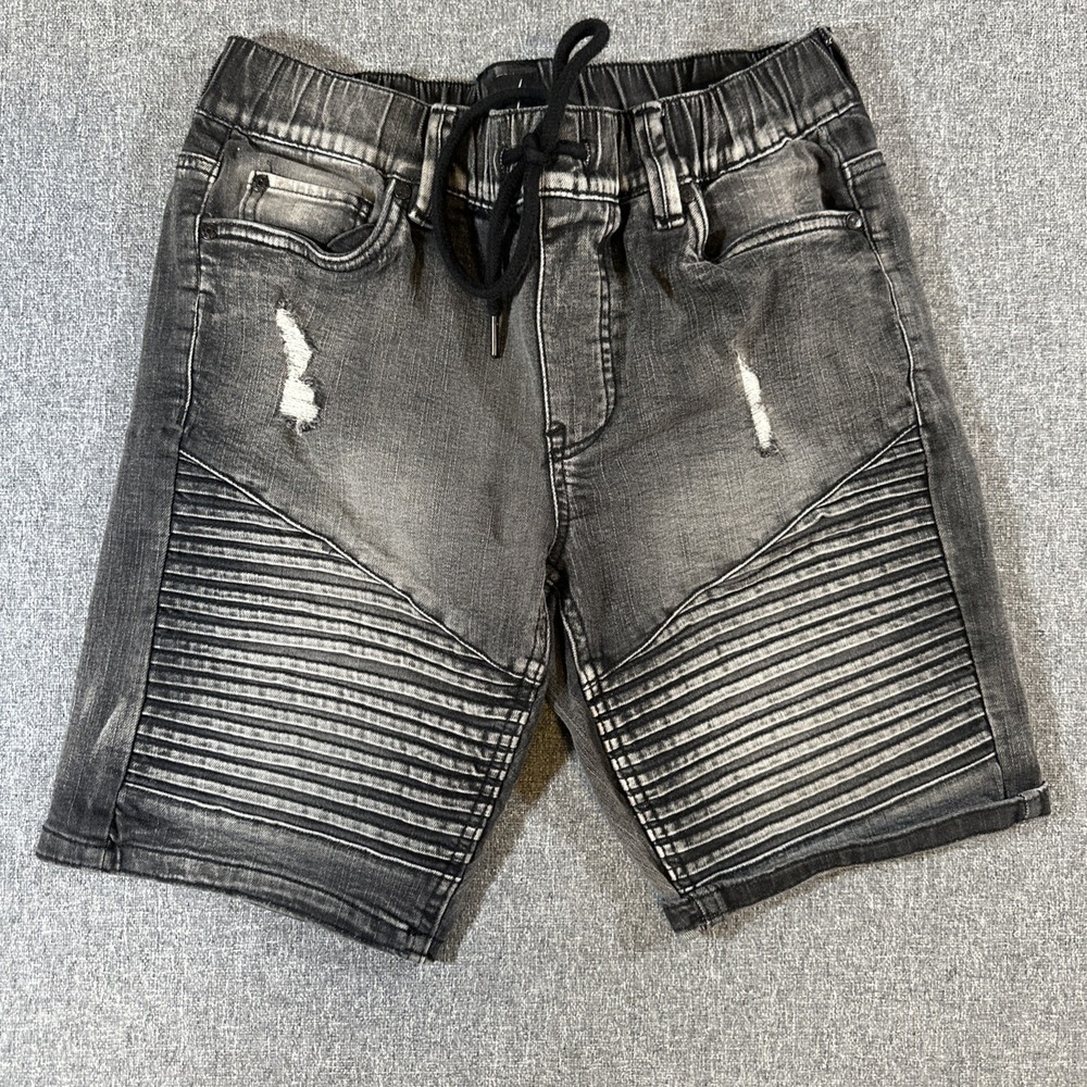 DNM.WORKS Phoenix FDG Moto Biker Denim Shorts Mens S 28 Black Distressed Stretch